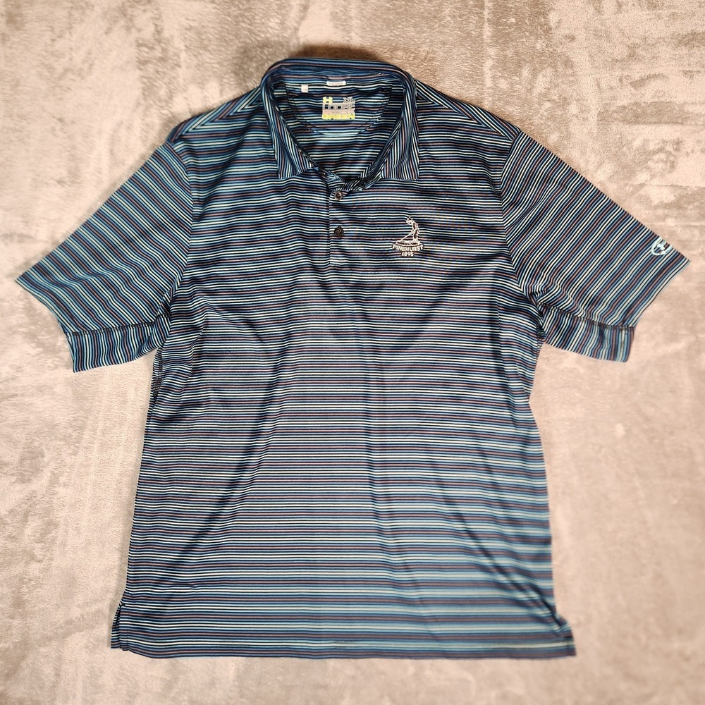 Under Armour Shirt Men's XL Blue Striped Pinehurst 1895 Golf Polo Loose HeatGear